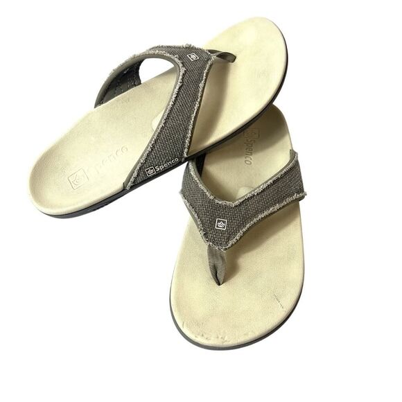 Spenco Mens Size 12 Outdoor Thong Summer beach Sandals Arch Support Brown Canvas - Picture 1 of 12